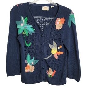 Mona + Mabel Anthropologie Blue Embroidered Floral Cotton Cardigan Sweater M